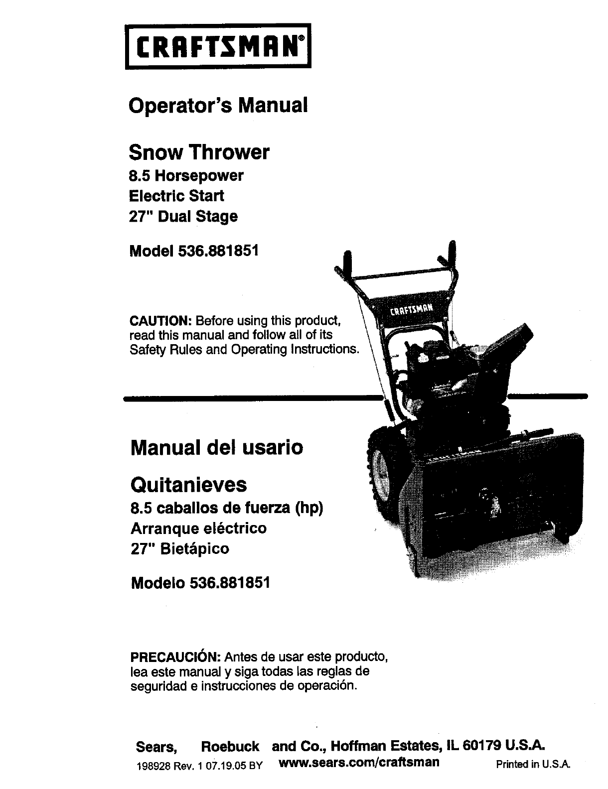 Craftsman 9.0 27 snowblower manual