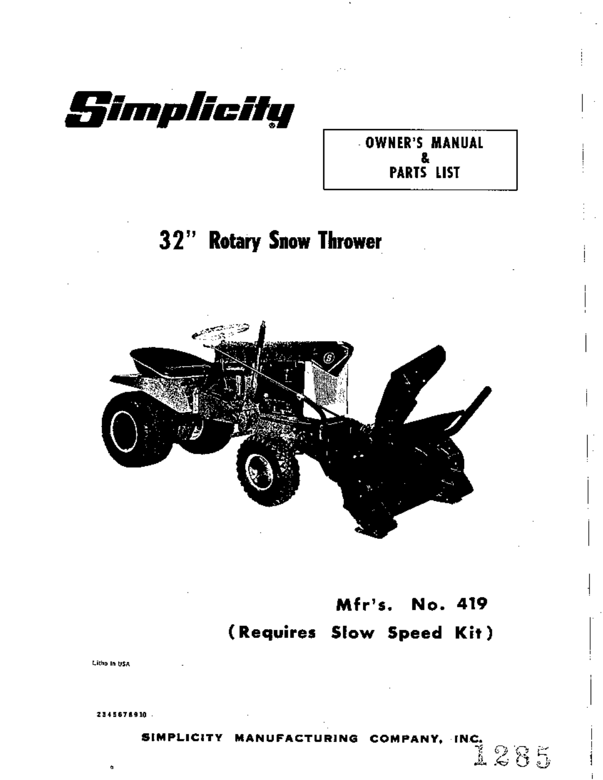 Simplicity Lawn Mower 419 User Guide | ManualsOnline.com