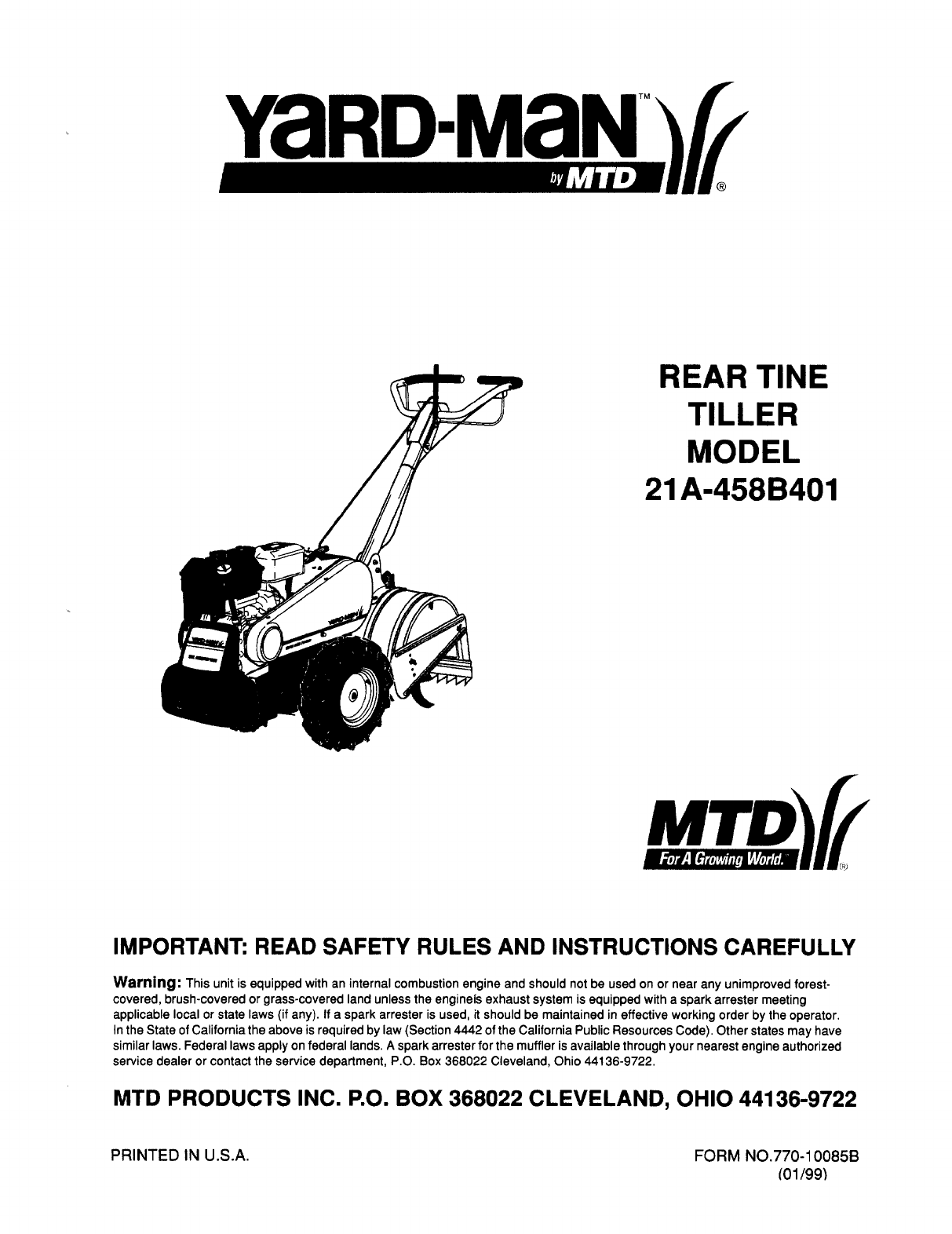 Yard-man Tiller 21a-458b401 User Guide 