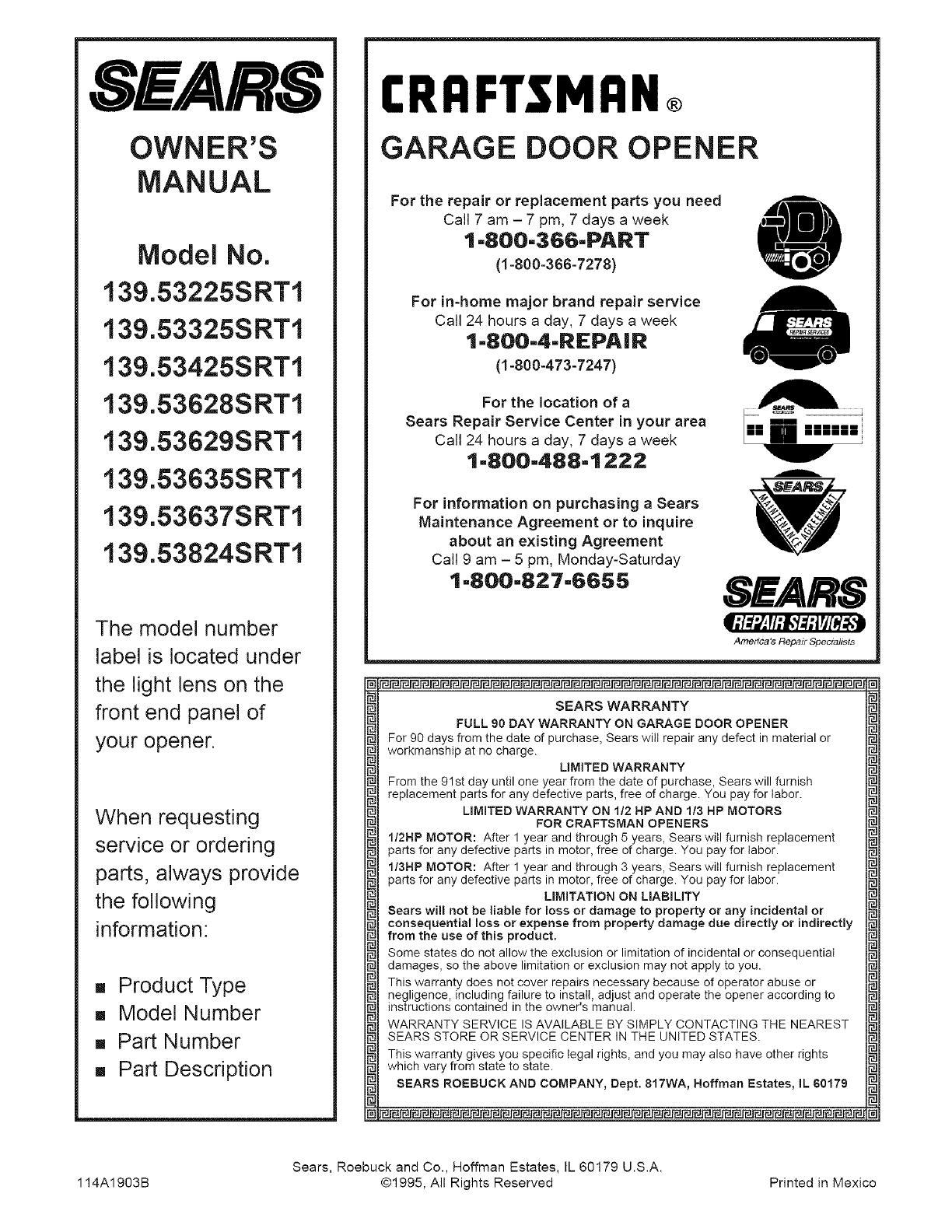 Sears Craftsman Garage Door Opener Owners Manual