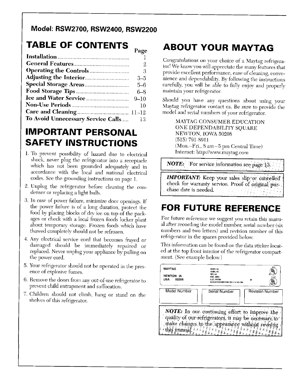 Owners manual for maytag refrigerator
