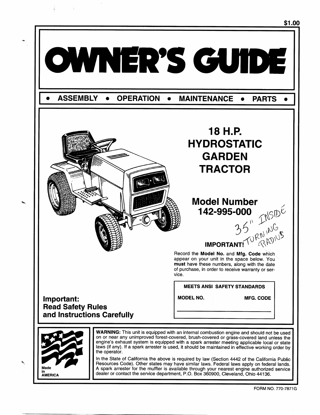 Mtd 11a A15b299 Lawn Mower Owners Manual