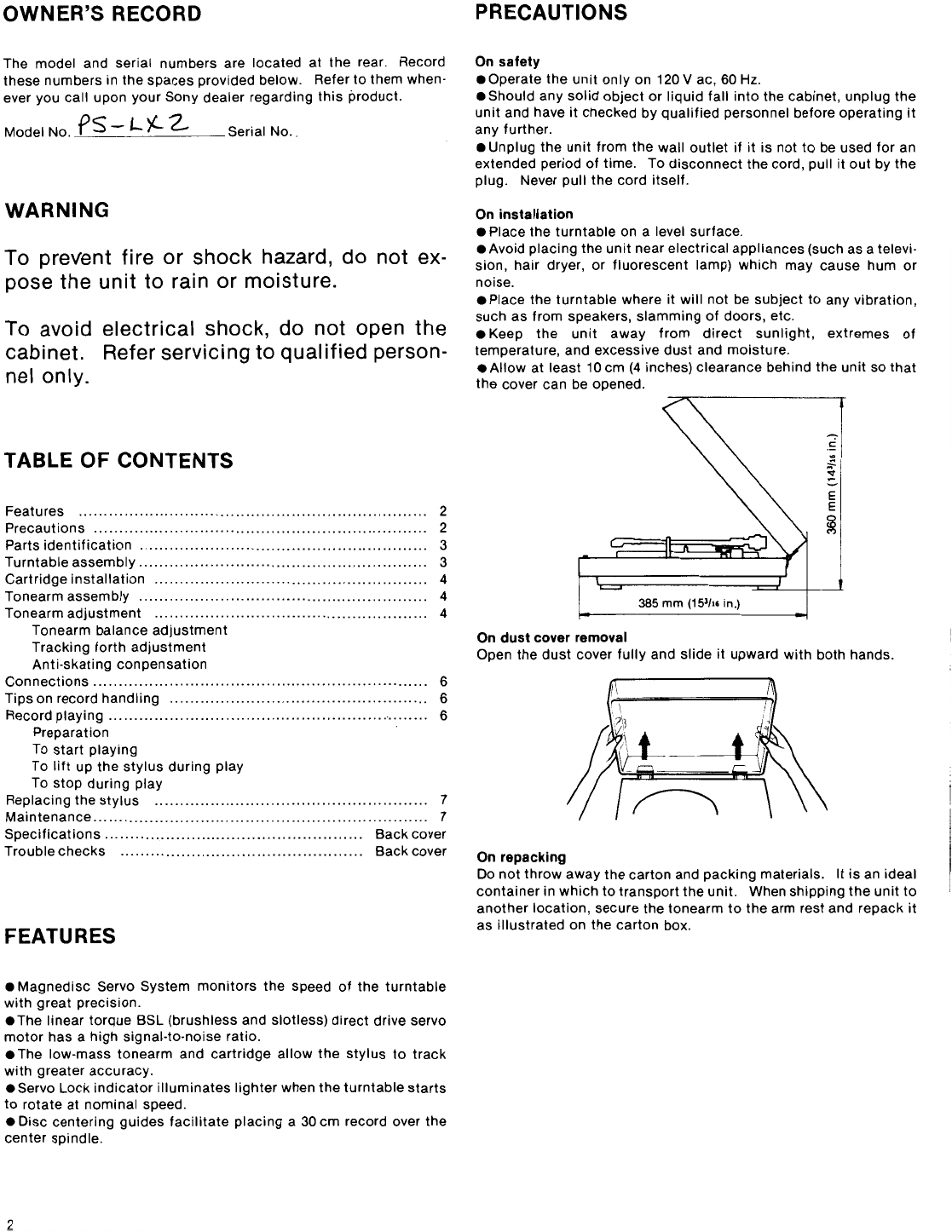 Page 2 of Sony Turntable PS-LX2 User Guide | ManualsOnline.com