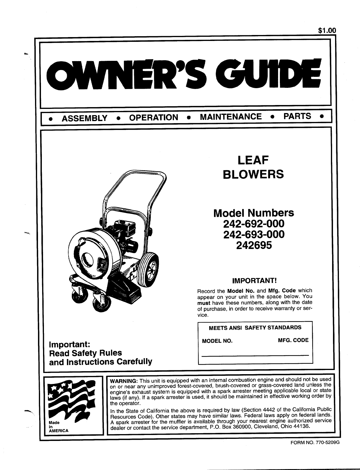 Bolens Blower 242-692-000 User Guide | ManualsOnline.com