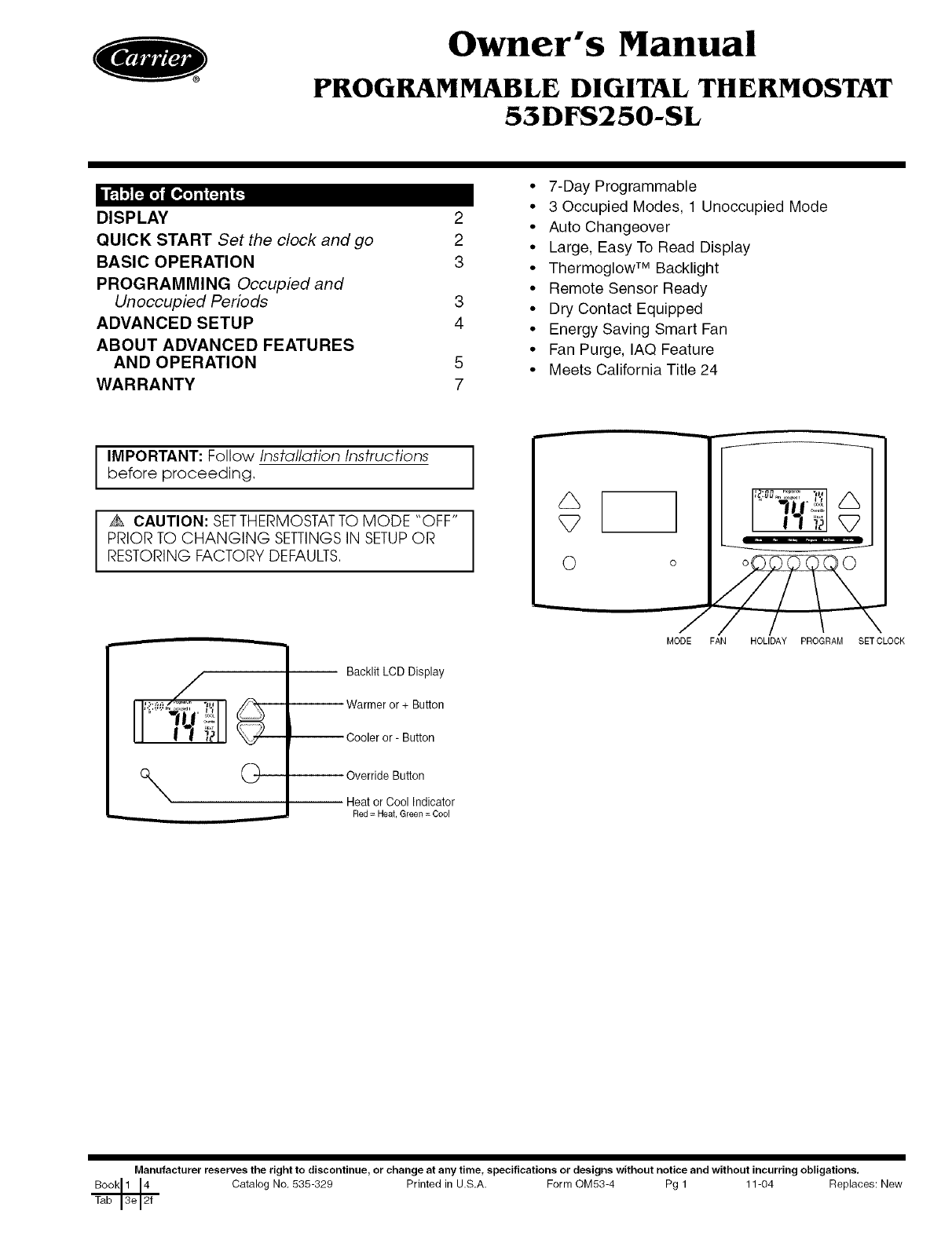 2005 Carrier Thermostat User Manual Pdf