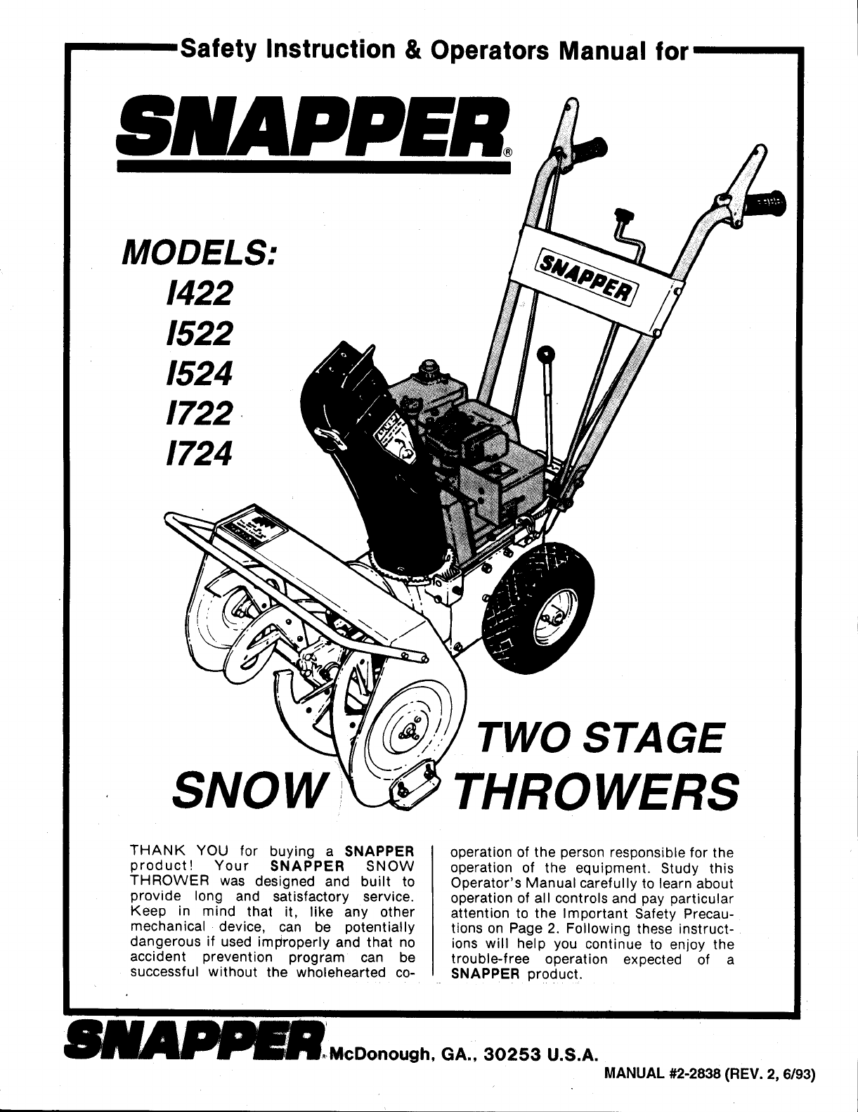 Snapper Snow Blower 1524 User Guide