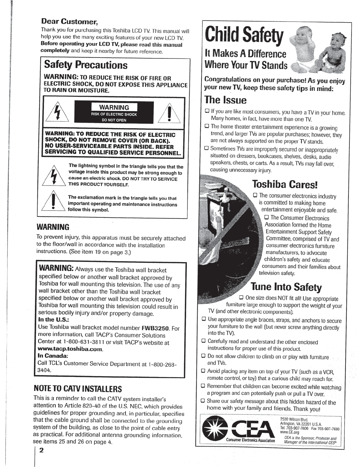Page 2 of Toshiba Flat Panel Television 32HL95 User Guide