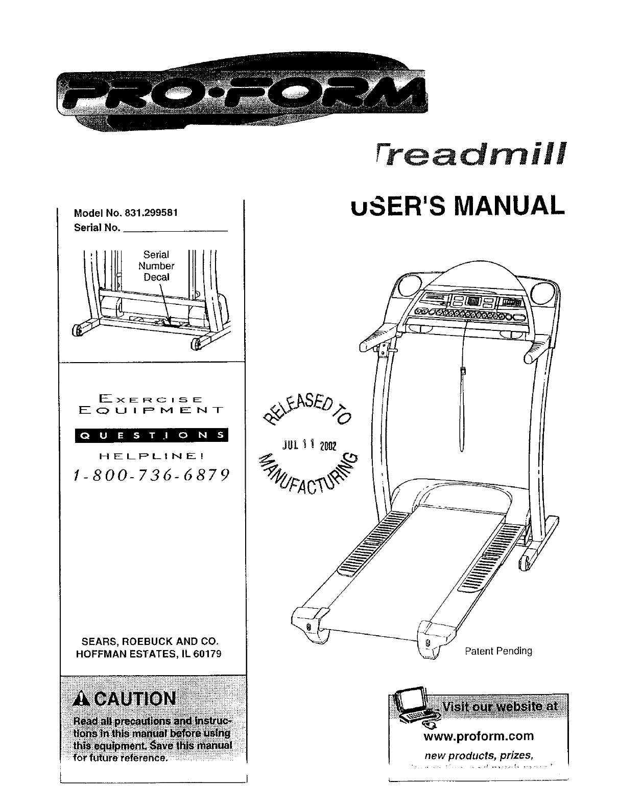 Sears Treadmill 831.299581 User Guide | ManualsOnline.com