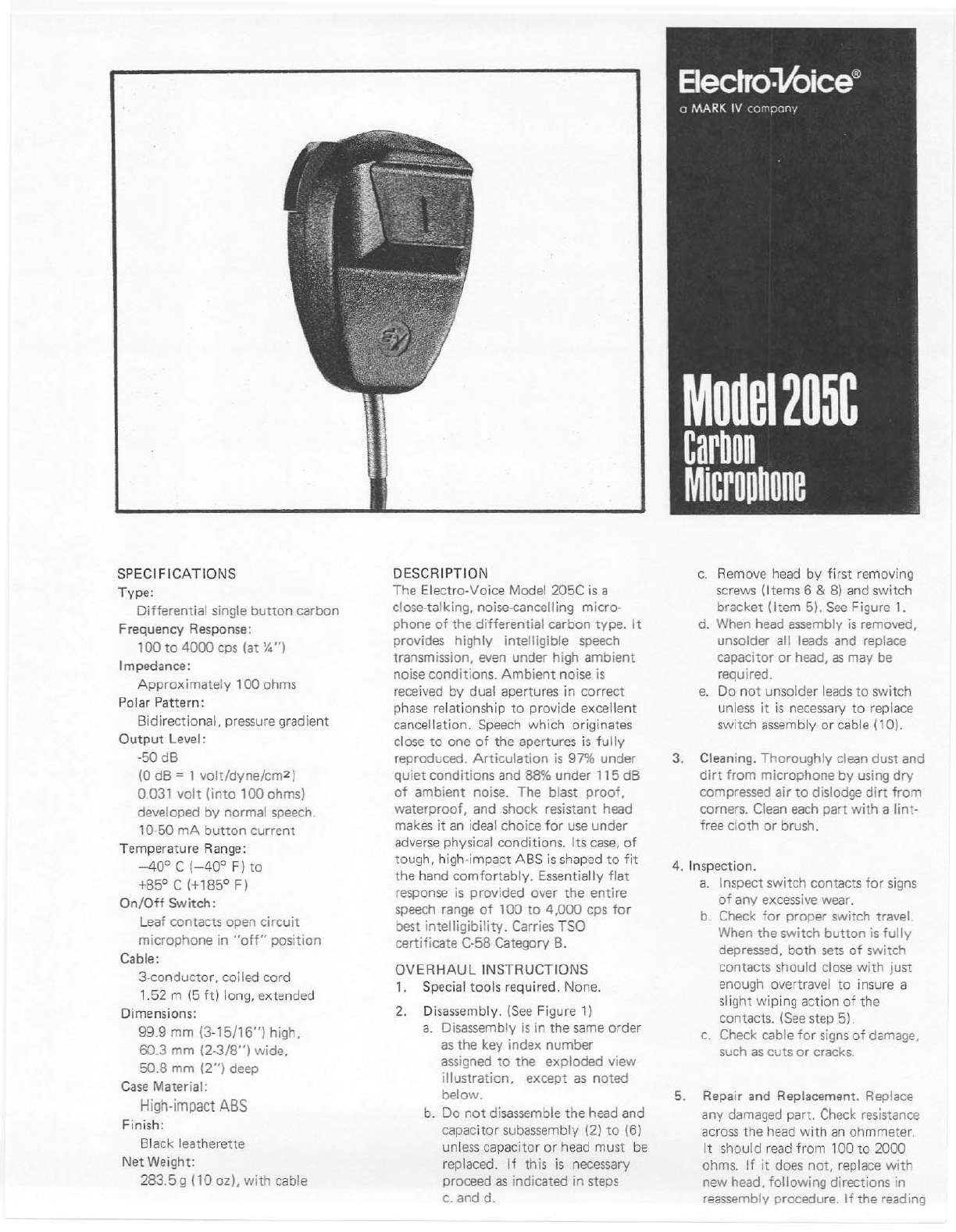 Electro-Voice Microphone 205C User Guide | ManualsOnline.com