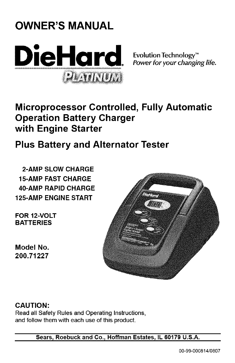 Die Hard 2 40 200 Amp Manual Battery Charger Owners Manual
