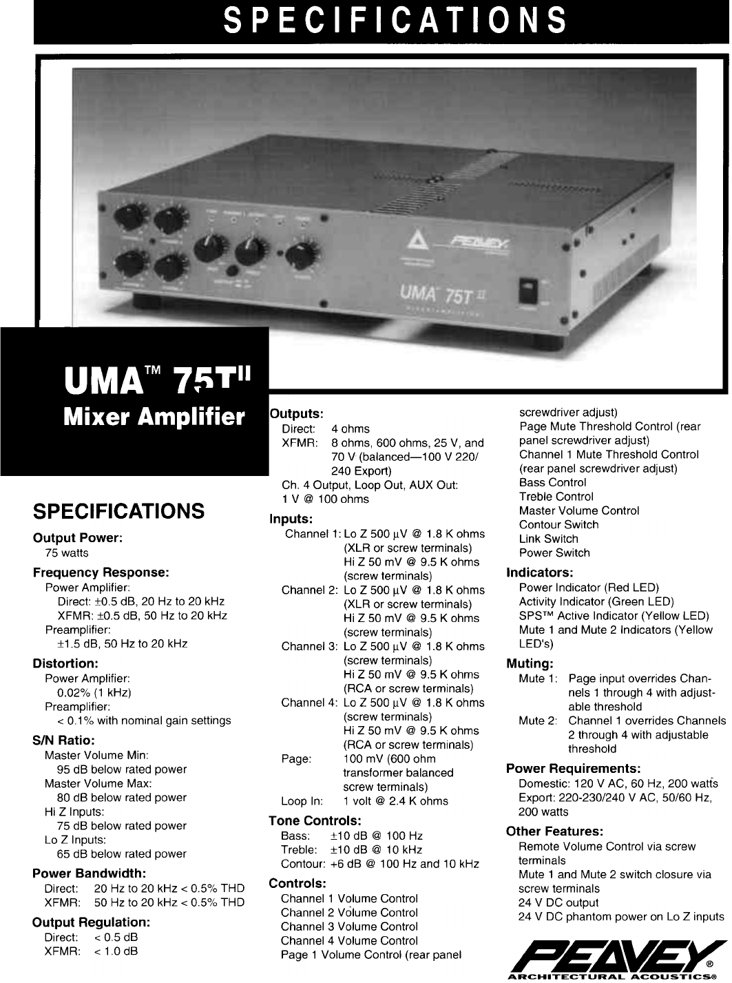 Peavey Stereo Amplifier UMA 75T User Guide | ManualsOnline.com