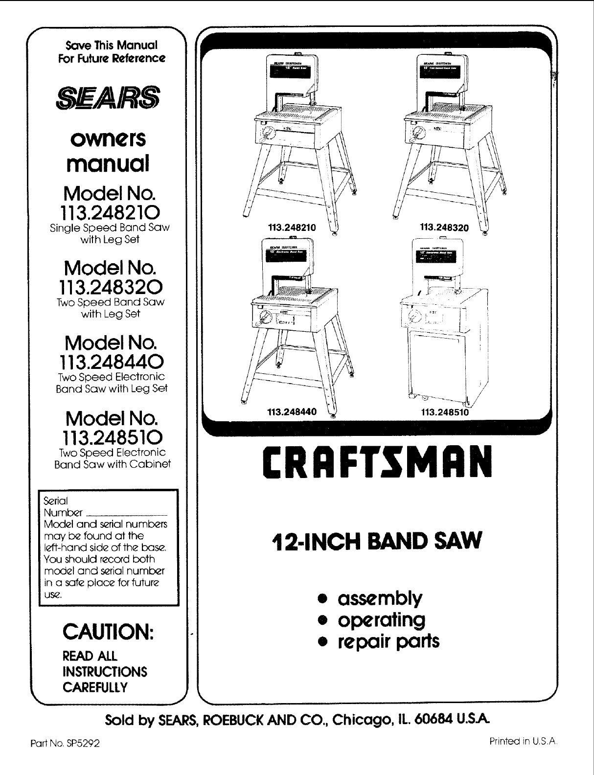 Craftsman 12 Bandsaw Owners Manual