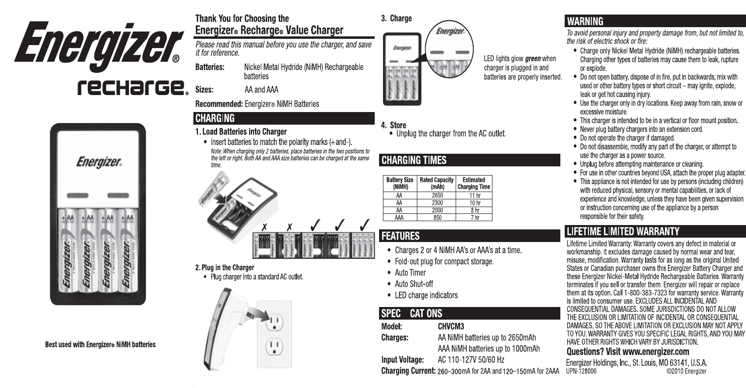 Energizer Battery Charger CHVCM3 User Guide | ManualsOnline.com