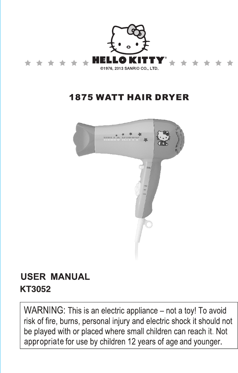 Hello Kitty Hair Dryer KT3052A User Guide ManualsOnlinecom